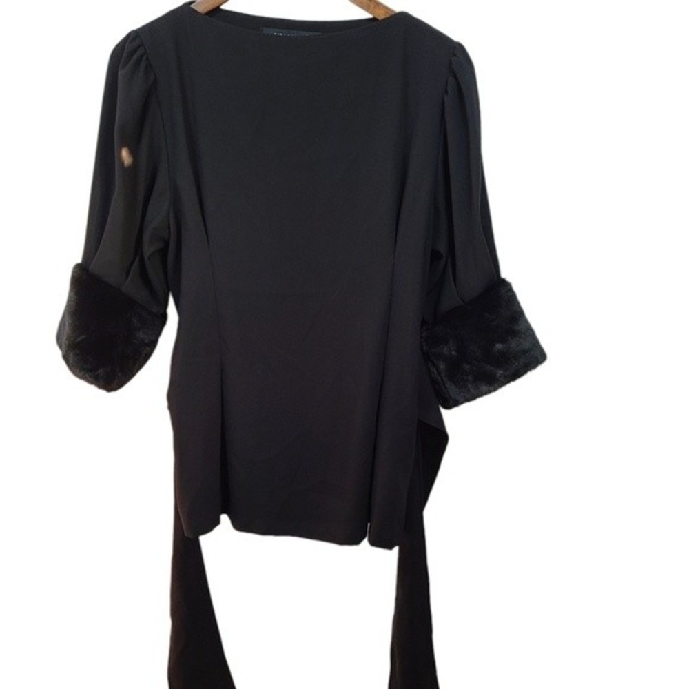Zara Woman Black Faux Fur Sleeve Blouse Tie Back XS Womens